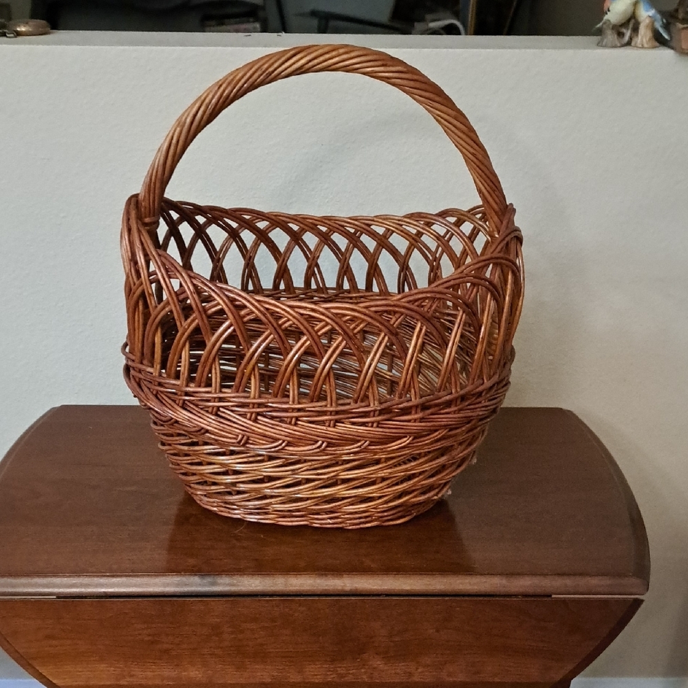 Brown Woven Basket with Handle and Decorative Rim